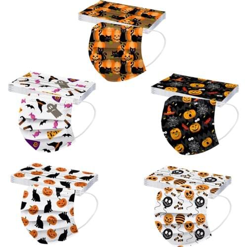 50pcs Cosplay 3ply Filters Halloween Disposable Masks Children Pumpkin Printed Halloween Masks Masque Breathable Mascarillas