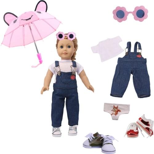 7Items/Set=WhiteT+Sling Jeans+Glasses+Umbrella+Two Pairs Lace Casual Shoes for 18 Inch US and 43cm Doll Generation&Girl/Boy Toy
