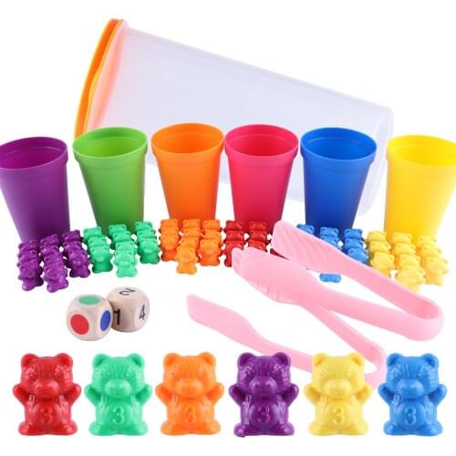 71PCS Rainbow Counting Bears Set With Matching Sorting Cups Dices And Tweezers Color Shape Cognition Baby Kids Educational Toy