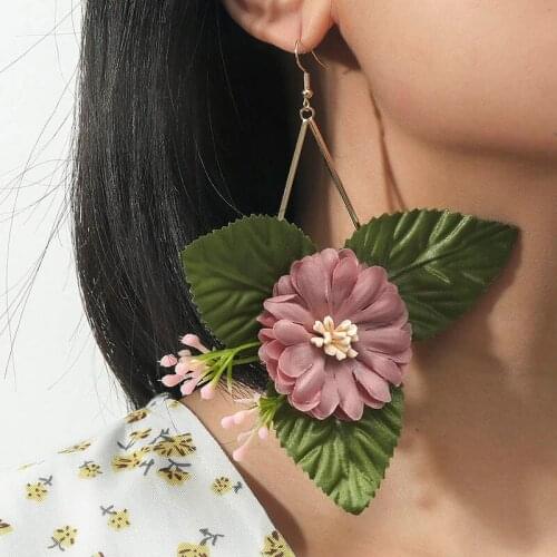 Bohemian Handmade Green Leaf Pink Flower Drop Earrings For Women Vacation Style Boho Fashion Big Dangle Earring Jewelry Gifts