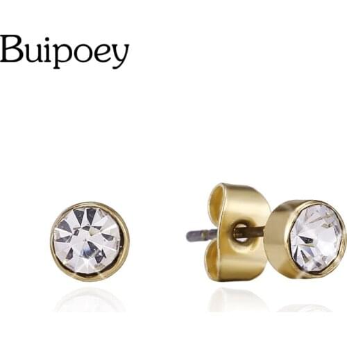 Buipoey Simple Golden Crystal Earrings For Women Girl Original Lover Couple Birthday Gift Fine Round Stud Earrings Jewelry