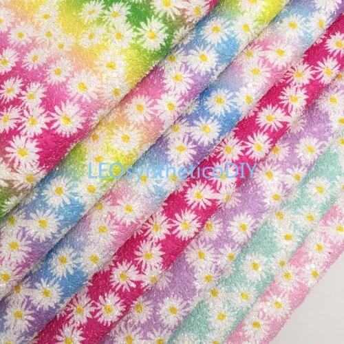 LEOsyntheticoDIY Daisy Printed Chunky Glitter Vinyl Fabric Sheet Felt Backing Synthetic Leather Faux Vinil DIY A4 SIZE R032A