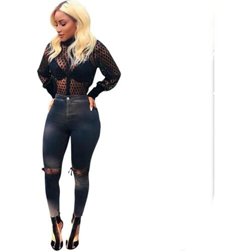 Fashion Mesh Blouse Womens Long Sleeve Polka Dot Crew Neck Womens Tops And Blouses Sexy Sheer Shirt Hot HC021