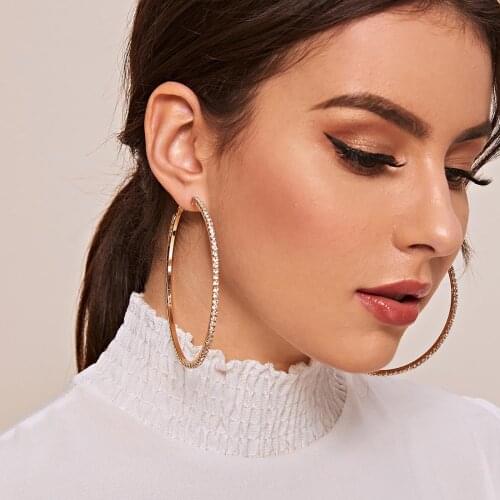 Fashion Rhinestone Gold Color Stainless Steel Big Hoop Earring For Women Large Hoops Oversized Ladies Ear Fashion Jewelry Party