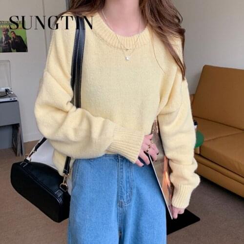 Sungtin Fashion Loose Knitted Pullovers Women Solid All Match Casual Sweaters Jumper Ladies Korean New 2021 Autumn Winter Tops