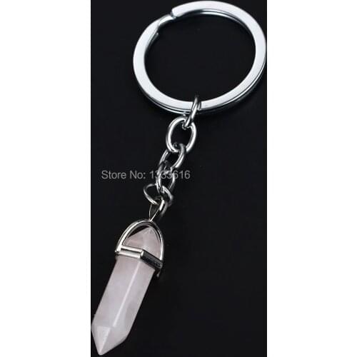 Trendy Bullet Charms Keychain Pink Quartz Healing Natural Stone Keyring Women Men Key Chain Gifts For Family Friends Key Ring