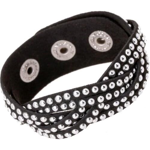 Fashion Punk Round Rivets Black Leather Cuff Bracelet Retro Braided Charm Wrap Bangle Wristband Vintage Rock Women Jewelry Gift