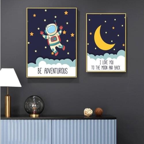 Rocket Out Space and Moon Wall Art Posters Cartoon Nursery Prints Canvas Painting Nordic Kids Bedroom Decoration Pictures