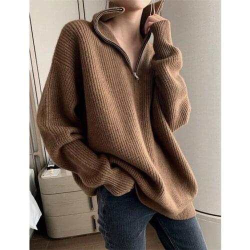 2020 Autumn Winter Lapel Oversized Sweater Womens Coat Zipper Thickened Knitted Sweater Loose Casual Pullover Top
