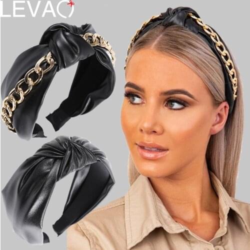 Levao Fashion Gold Chains PU Leather Hair Bands Hoop For Women Top Knotted Punk Headband Turban Hairband Girls Hair Accessories
