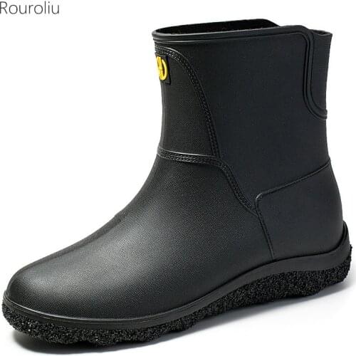 Rouroliu Men Slip-on Waterproof Work Boots Mid-Claf PVC Water Shoes Man Plush Warm Rainboots