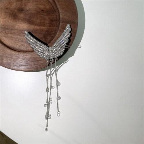 Temperament Bling Bling Long Tassel Wing Clip Hairpin for Women Femme Exquisite Fairy Rhinestone Wedding Hair Accessories