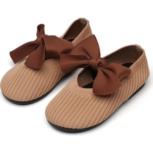 Spring New Big Bowtie Girls Shoes Solid Color Flat Children Dancing Shoes Size 21-35 Toddler Girl Shoes Knitted Moccasins