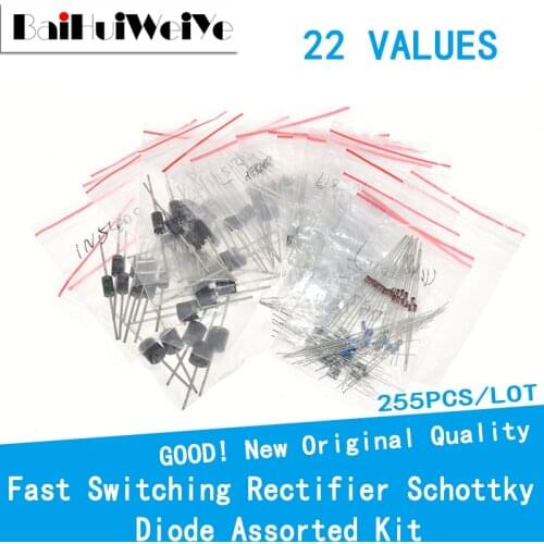 255PCS/LOT 22 VALUES Fast Switching Rectifier Schottky Diode Assorted Kit 1N4001 1N4004 1N4007 1N5399 6A10 10A10 FR107 FR157