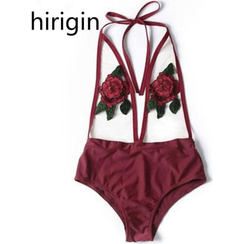 High Quality Summer Sexy Women printed Floral Halter Mesh Sheer One Piece Swimsuit Swimwear Push Up Monokini Bikini