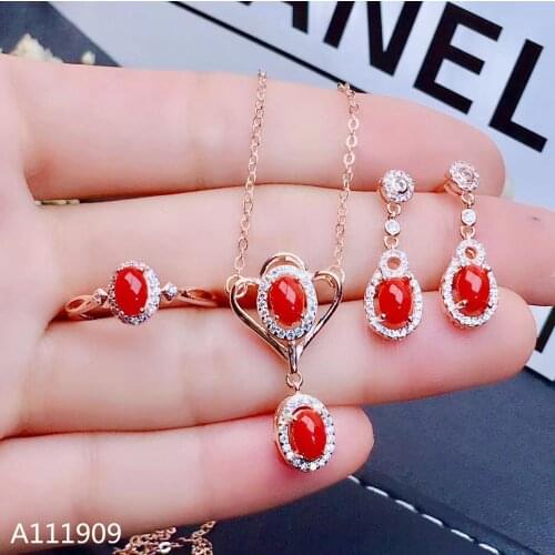KJJEAXCMY boutique jewelry 925 sterling silver inlaid Natural Red Coral Necklace Ring Earring Suit Support detection