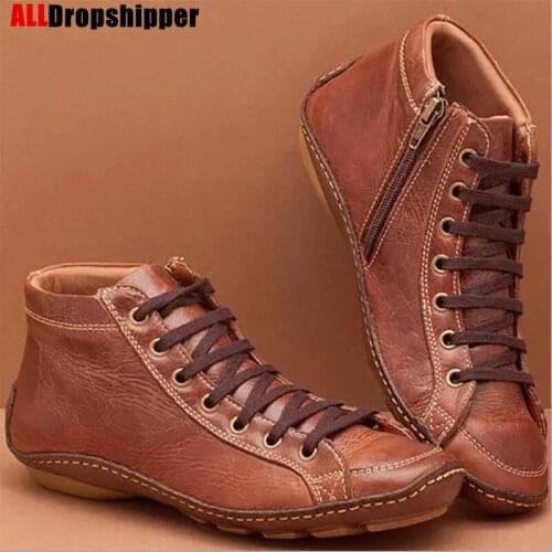 Plus Size Womens flat Shoes Round Head Low Heel Women Shoes Side Zipper Martin Boots Casual Womens Boots Female Leather Shoes