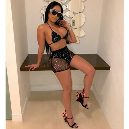 Women Mesh Swimsuit Two Piece Bikini Set Rhinestone Swimwear Bathing Suit Beach Bikini Cover Up 3 PCS