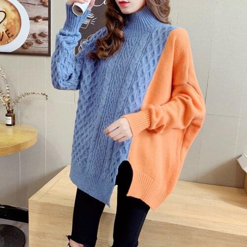 Turtleneck Patchwork Knitted Sweater Women Pullover Autumn Winter Korean Fashion Sweaters Pull Femme Tops Loose Jumpers G480