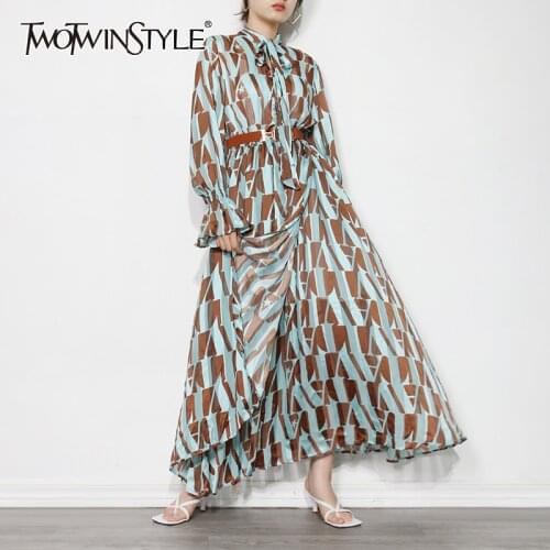 TWOTWINSTYLE Hit Color Loose Dress For Women Bow Collar Long Sleeve High Waist Sashes Print Midi Dresses Female Fashion New 2021