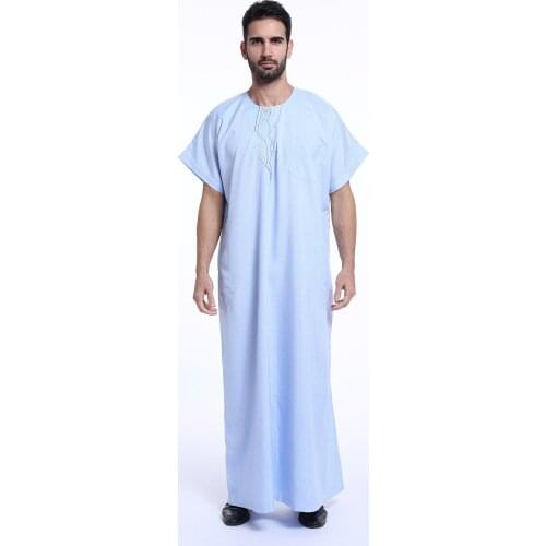 BianFeng Eid Muslim Hui Arab Mens Abaya Solid Short Sleeve Robe Jubba Thobe Ramadan Kaftan Dubai Arabic Abaya