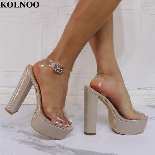 Kolnoo Real Photos New Style Womens Sandals Chunky Heels PVC Sexy Party Shoes Large Size US5-US15 Evening Fashion Sandals Shoes