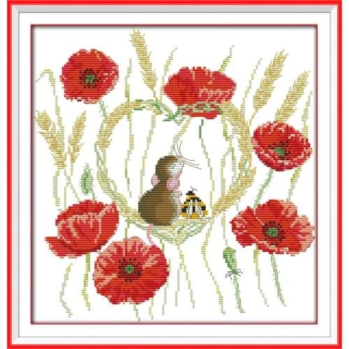 Joy Sunday Poppy and Mouse Patterns Stamped Counted Cross Stitch Sets Animal Design Cross Stitch Kits for Embroidery Needlework