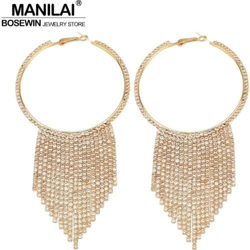 MANILAI Circular Rhinestones Tassel Earrings Popular Crystal Long Tassel Earrings Accessories Drop Earring for Women Jewelry