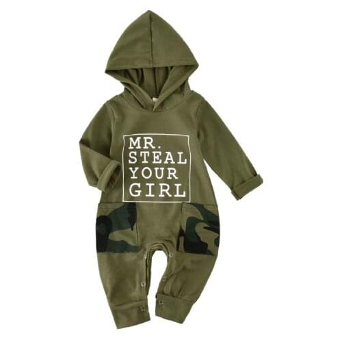 Fashion Newborn Baby Boy Long Sleeve Army Green Hooded Romper Jumpsuit Playsuit Outfits Baby Clothes