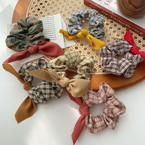 MueRaa Korean Style Rabbit Ear Scrunchies For Women Girls Plaid Hair Ties Headband Fashion Hair Accessories Elastic Hairband