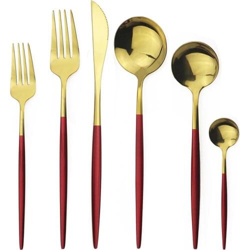 6Pcs Red Flatware Set Knife Fork Spoon Cutlery Set 304 Stainless Steel Dinnerware Set Mirror Green Gold Tableware Set Silverware