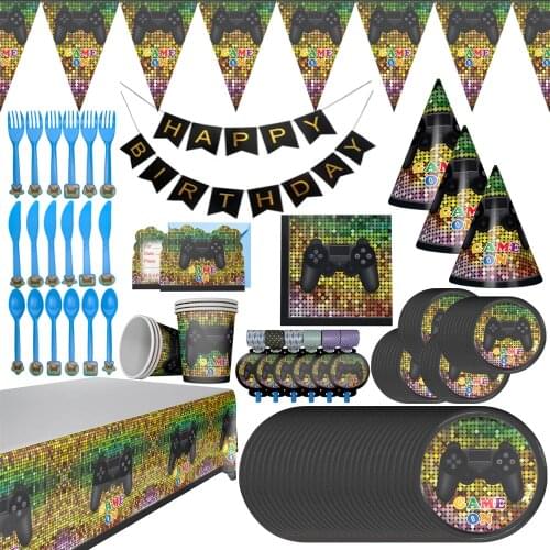 New Gamepad Theme Disposable Tablewares Set Video Game Controller Napkin Paper Cup Plate Kids Party Supplies Decorations Hot