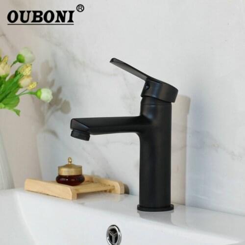 OUBONI Matte Black Bathroom Faucet Deck Mount Solid Brass Bathroom Water Basin Sink Single Handle Faucet Mixer Taps