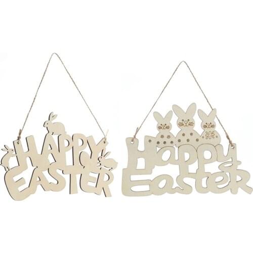 Easter Wooden Decoration Bunny Happy Easter Door Hanging Pendant Ornaments DIY Wood Rabbit Craft Easter Party Decor For Home