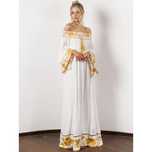 Summer new Bohemian beach seaside one-word collar dress retro embroidered ethnic style Nepal long dress loose oversize dress