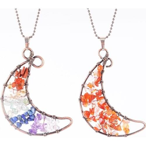 Charm Wire Wrap Moon of Life Necklace Pendant Natural Stone Chip Bead Lapis Lazuli Opal Clear Crystal Female Jewelry D803—D807