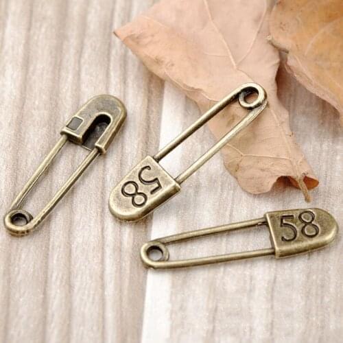 High Quality 20 Pieces/Lot 35mm*10mm Antique Bronze Plated Diy Handmade Safety Pin Charms