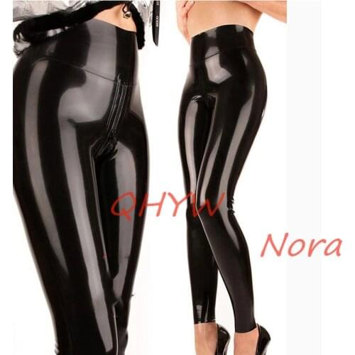 Handmade Black Natural Latex High Waist Trousers Rubber Tight Pants Leggings with Crotch Zip for Women
