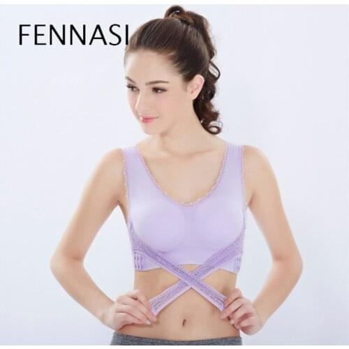 FENNASI Womens Bra Sexy Lace Edges Bralette Push Up Shaping Breathable Lingerie Top Sports Front Cross Side Buckle Underwear