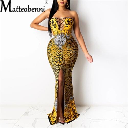 2021 Women Tube Top Backless Printed Criss-Cross Bandage Female Maxi Dress Ladies Summer Hem Split Side Long Dress Women Bodycon