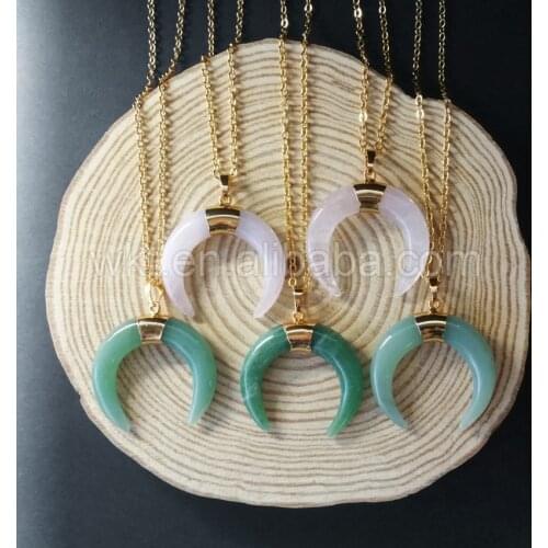 WT-N701Wholesale Custom Natural Green Chalcedony Stone Horn Pendant Necklace With Brass Chain Gold Electroplated Fashion Jewelry