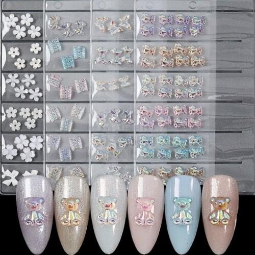 1 Pack 3D Aurora Bear Skirt Butterfly Bowknot White Flowers Arylic Nail Art Rhinestone Gems Decorations Manicure DIY Tips