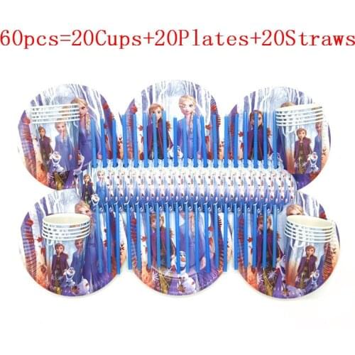 Frozen II Anna Elsa Disney Cartoon Kid Birthday Party Decoration Cup Plate Straw Kids Party for Various Party Supplies 60/30Pcs