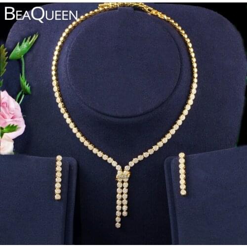 BeaQueen Luxury Gold Color Micro Paved Cubic Zirconia Long Pendant Drop Necklace and Earrings Bridal Wedding Jewelry Sets JS237