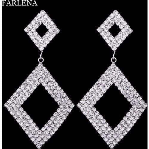 FARLENA Jewelry Silver Plated Rhombic Drop Earrings inlay with Shining Rhinestones for Bride Wedding Accessory