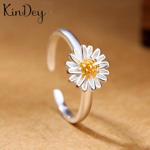 Kindey Real Silver Color Daisy Flower Rings For Women Big Antique Rings Finger Jewelry High Quality