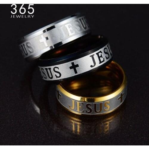 Christmas Gift Jewelry Black Rose Gold Stainless Steel Jesus Cross Rings Engrave Letter Church Prayer Rings for Men Women Belief