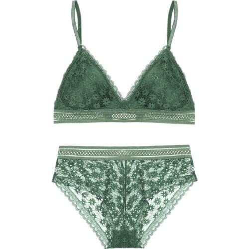 French Bra set Padded Lace Wire Free Triangle Cup Transparent Bra And Panties Sets lingerie women Underwear Sexy Bralette set