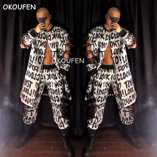 Hip-hop dancer rock DS graffiti alphabet print jacket pants suit nightclub male singer DJ hollow letters party costume