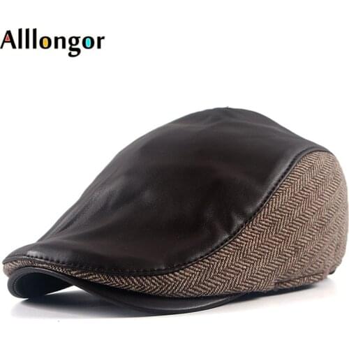 High Quality New Autumn 2021 Winter Leather Beret Hat Mens Cap Ear Flaps Black Beret Boinas Para Hombre Flat Caps For Men